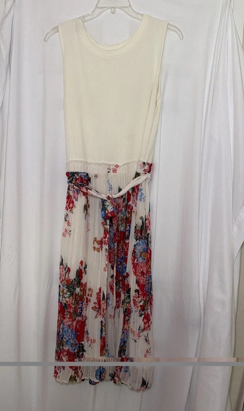 For Cynthia Cream & Floral Pleated Sleeveless Midi Tank Dress Lined NEW SZ 1X
